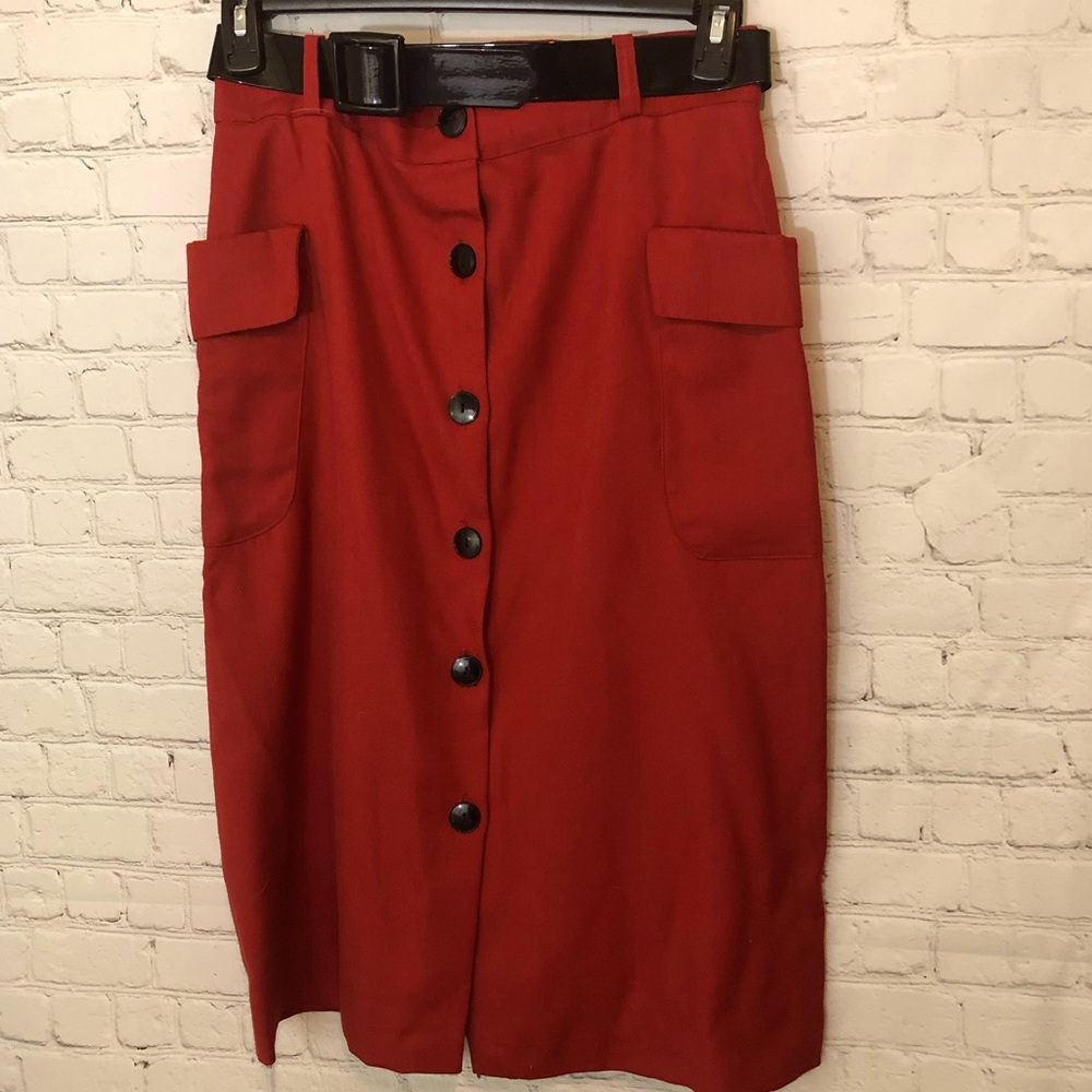 L21 VINTAGE HOLIDAY BRAND RED SKIRT BUTTON FRONT BELT CALF LENGTH POCKETS SZ 15